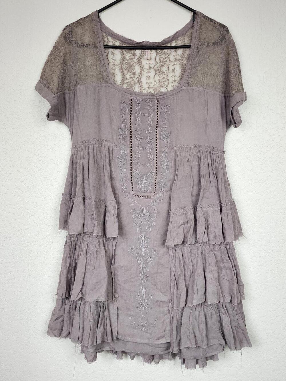 Free People Vintage Y2K 90s Embroidered Ruffle Tier Dress